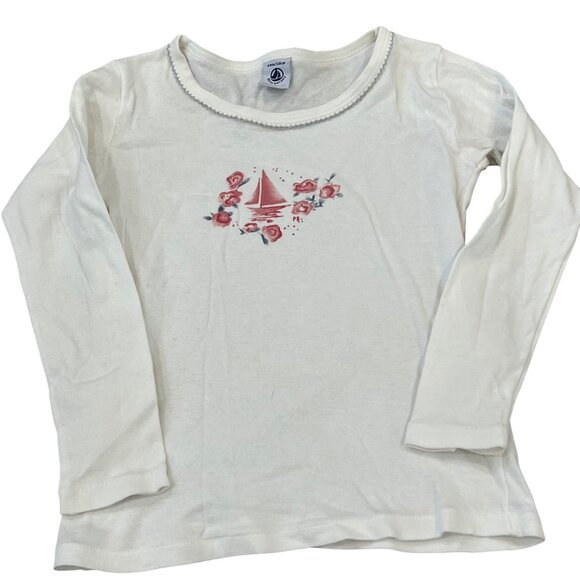 Petit Bateau Girls Long Sleeve White Top With Sailboat & Floral Design Size 6 - Picture 1 of 4